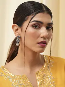 Biba Silver-Plated Artificial Stones And Beads Beaded Contemporary Shaped Drop Earrings