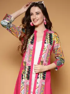 SUBAGI FASHION Floral Printed Mandarin Collar Cotton Longline Shrug