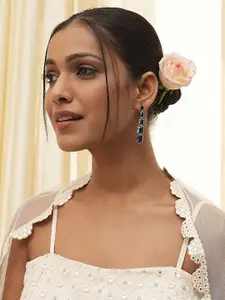 Biba Silver-Plated Artificial Stones Studded Square Shaped Drop Earrings