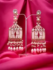 Lyriss Gold Plated Artificial Stones Studded and Beaded Square Shaped Drop Earrings