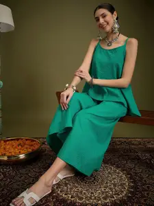 Sangria Striped Pure Cotton Sleeveless Top & Trousers