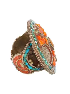 Exotic India Round Shape Tibetan Style Ring with Studded Stones