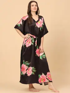 Ms.Lingies Women Floral Printed Satin Maxi Kaftan Nightdress