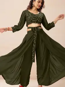 SANCIA Ethnic Motifs Embroidered Sequinned Top with Palazzos