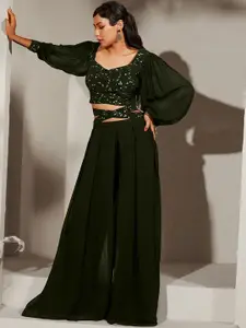 SANCIA Ethnic Motifs Embroidered Sequinned Top with Palazzos