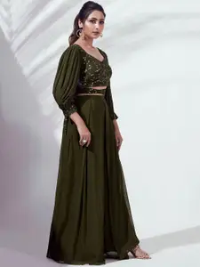 SANCIA Embroidered Three-Quarter Sleeves Georgette Top With Palazzo