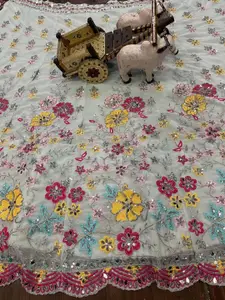 VILLE FASHION Embroidered Mirror Work Semi-Stitched Lehenga & Unstitched Blouse Set