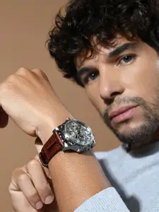 Britime Men Embellished Dial & Leather Straps Analogue Automatic Watch 147-L10308