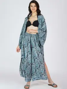 SZN Paisley Printed V Neck Kimono Style Open Front Shrug