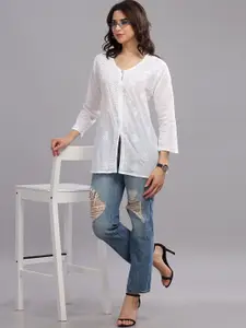 Club Loom Floral Embroidered V-Neck Chikankari Pure Cotton Straight Kurti