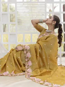 DEVATITHI Floral Chikankari Yellow Silk Saree