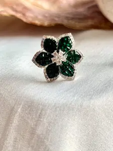 The Jewellery Tale Silver-Plated Emerald Studded Floral Shaped Studs