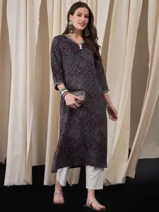 Anouk Floral Printed V-Neck Thread Work Straight Kurta