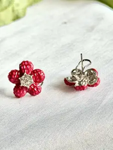 The Jewellery Tale Silver-Plated Faux Ruby Studded Floral Shaped Studs
