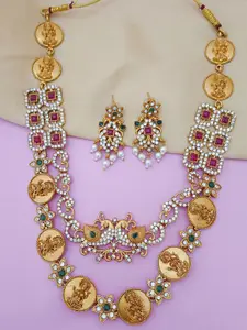 EVY Gold-Plated Cubic Zirconia Studded & Beaded Lakshmi Coin Pendant Layered Jewellery Set
