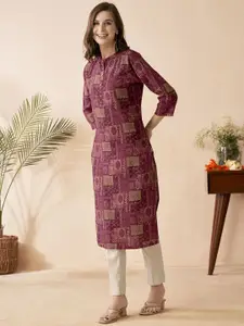 Anouk Floral Printed Mandarin Collar Three-Quarter Sleeves Straight Kurta