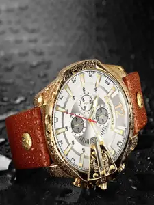 Curren Men Brass Dial & Leather Straps Analogue Watch CR-8176-White-Brown