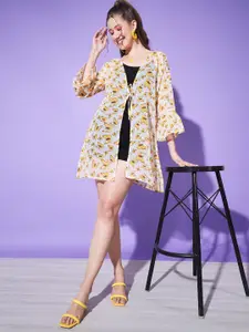 DIMPY GARMENTS Butterfly Printed Tie-Up Neck Open Front Georgette Crop Shrug