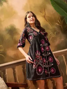 Sangria Embroidered Pure Cotton Fit & Flare Dresses