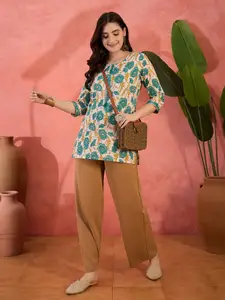 Sangria Floral Printed Pure Cotton Round Neck Straight Kurti