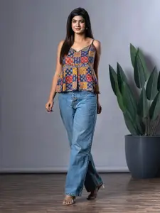 The Roadster Lifestyle Co Ethnic Printed Sleeveless Pure Cotton Peplum Crop Top