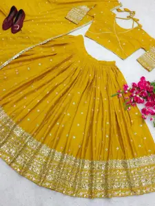 Kedar Fab Embroidered Thread Work Semi-Stitched Lehenga & Unstitched Blouse With Dupatta