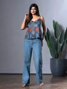 The Roadster Lifestyle Co Ethnic Printed Sleeveless Pure Cotton Peplum Crop Top