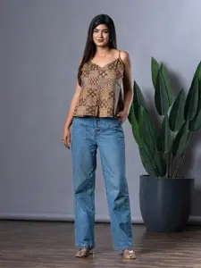 The Roadster Lifestyle Co Ethnic Printed Sleeveless Pure Cotton Peplum Crop Top