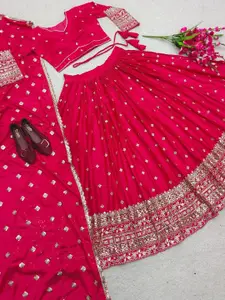 Kedar Fab Embroidered Thread Work Semi-Stitched Lehenga & Unstitched Blouse With Dupatta