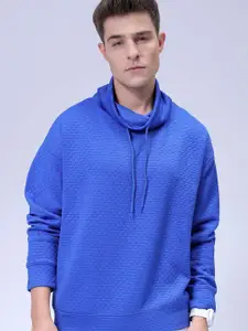 The Indian Garage Co Men Oversized Self Design Cowl Neck Sweatshirt