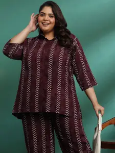 KALINI Printed Pure Cotton Plus Size Shirt Collar Top And Palazzo