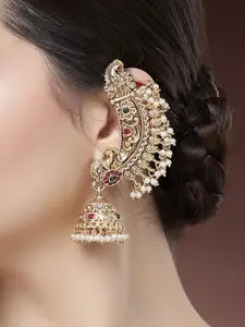 KARATCART Gold-Plated Stone Studded & Beaded Peacock Design Jhumkas