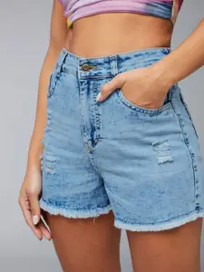 DOLCE CRUDO Women Relaxed Fit Mid-Rise Distressed Ripped Denim Shorts