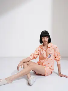 Tokyo Talkies Peach Mickey Mouse & Friends Printed Shirt Collar Night suit