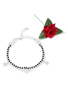 Peora Silver-Plated Cubic Zirconia Studded Charm Bracelet With Red Rose