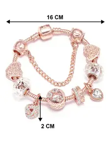 Peora Rose Gold Plated Cubic Zirconia Studded Charm Bracelet With Red Rose