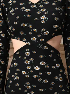 IUGA Women Floral Printed V Neck Long Sleeves Bodycon Midi Dress