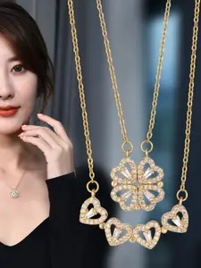 MEENAZ Stainless Steel Gold-Plated Cubic Zirconia Studded Heart Shaped Pendant With Chain