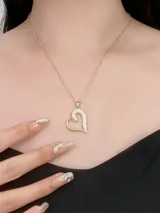 MEENAZ Stainless Steel Gold-Plated CZ Studded Heart Shaped Pendants With Chains