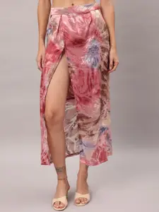 BRIJAL LAD Floral Printed Satin A-Line Midi Skirt