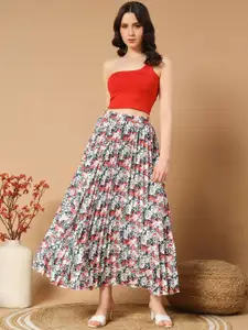 ZWERLON Women Floral Printed Pleated A-Line Maxi Skirt