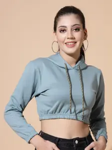 DressBerry Women Solid Hooded Long Sleeves Cotton Crop Top