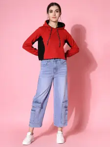 DressBerry Women Colourblocked Hooded Long Sleeves Cotton Top