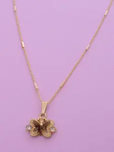 Ramdev Art Fashion Jwellery Gold-Plated Stone Studded Butterfly-Shaped Pendant With Chain