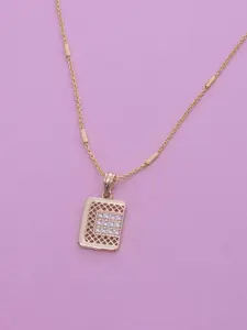 Ramdev Art Fashion Jwellery Gold-Plated Stone Studded Square-Shaped Pendant With Chain