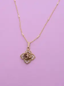 Ramdev Art Fashion Jwellery Gold-Plated Stone Studded Om Shaped Pendant With Chain