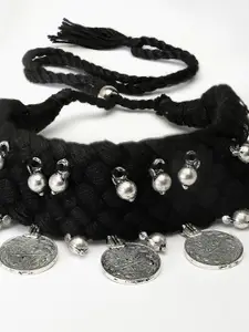Moedbuille Silver-Plated Handwoven Layered Tribal Design Oxidised Ghungroo Necklace