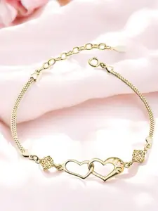 Nilu's Collection Gold-Plated CZ Studded Interlocked Heart Duo Shaped Link Bracelet