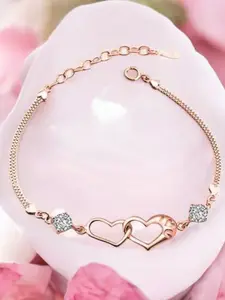 Nilu's Collection Rose Gold-Plated CZ Studded Interlocked Heart Duo Shaped Link Bracelet