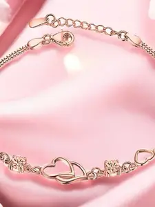 Nilu's Collection Rose Gold-Plated CZ Studded Interlocked Heart Duo Shaped Link Bracelet